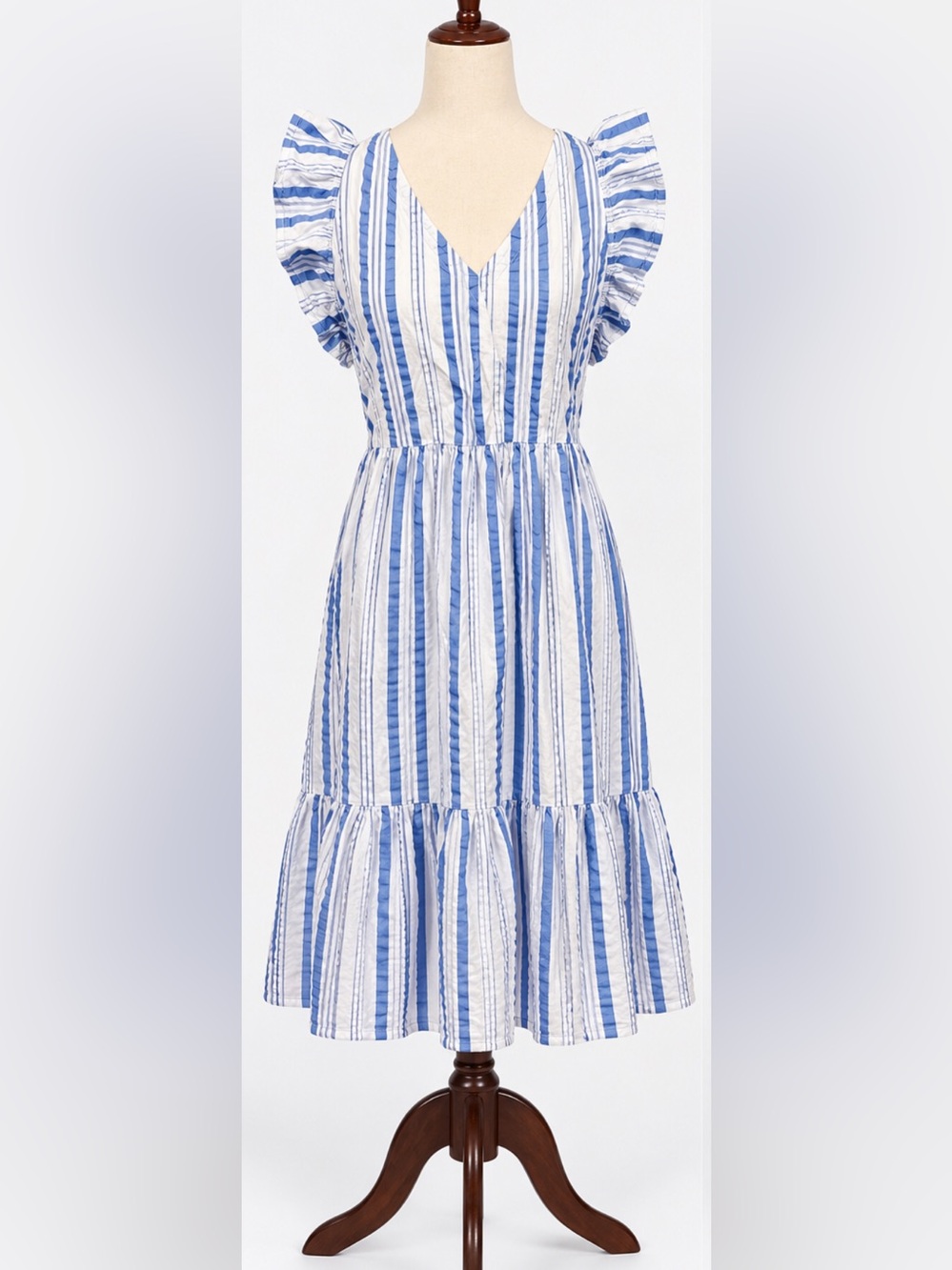 Time and Tru Blue White Stripe Smocked Puff Sleeve Dress XS 0-2